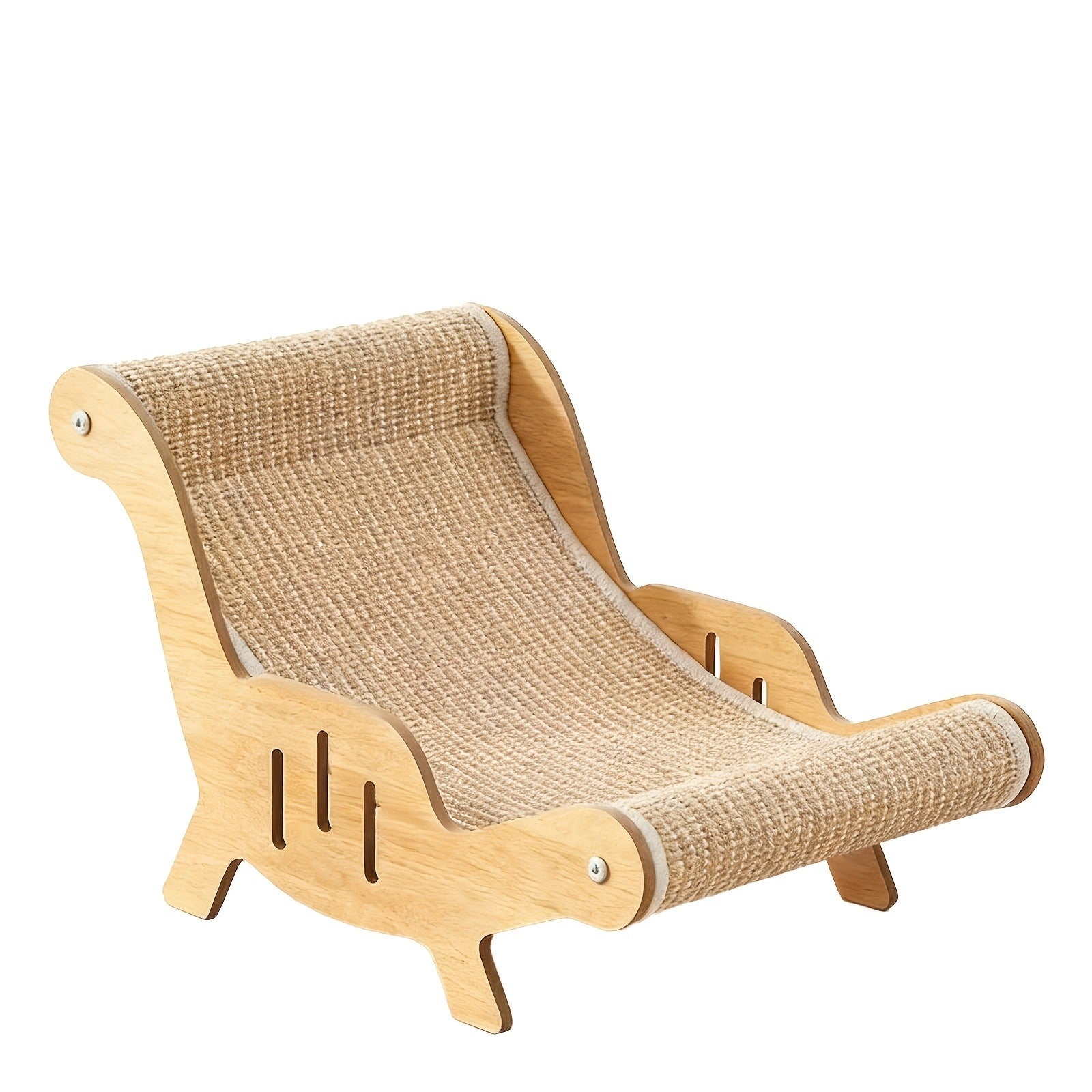 Curved Cat Lounger Chair with Wood Side Frame, Raised Feet and Continuous Beige Woven Sisal Surface