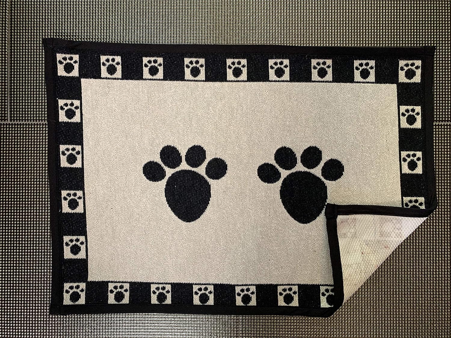 PetRageous 12049 Paws Jumbo Tapestry Dog and Cat Non-Skid Machine Washable Placemat for Pet Feeding Areas with Rubber Backing 18-Inch by 28-Inch for Dogs and Cats, Black and Natural (Pack of 2)
