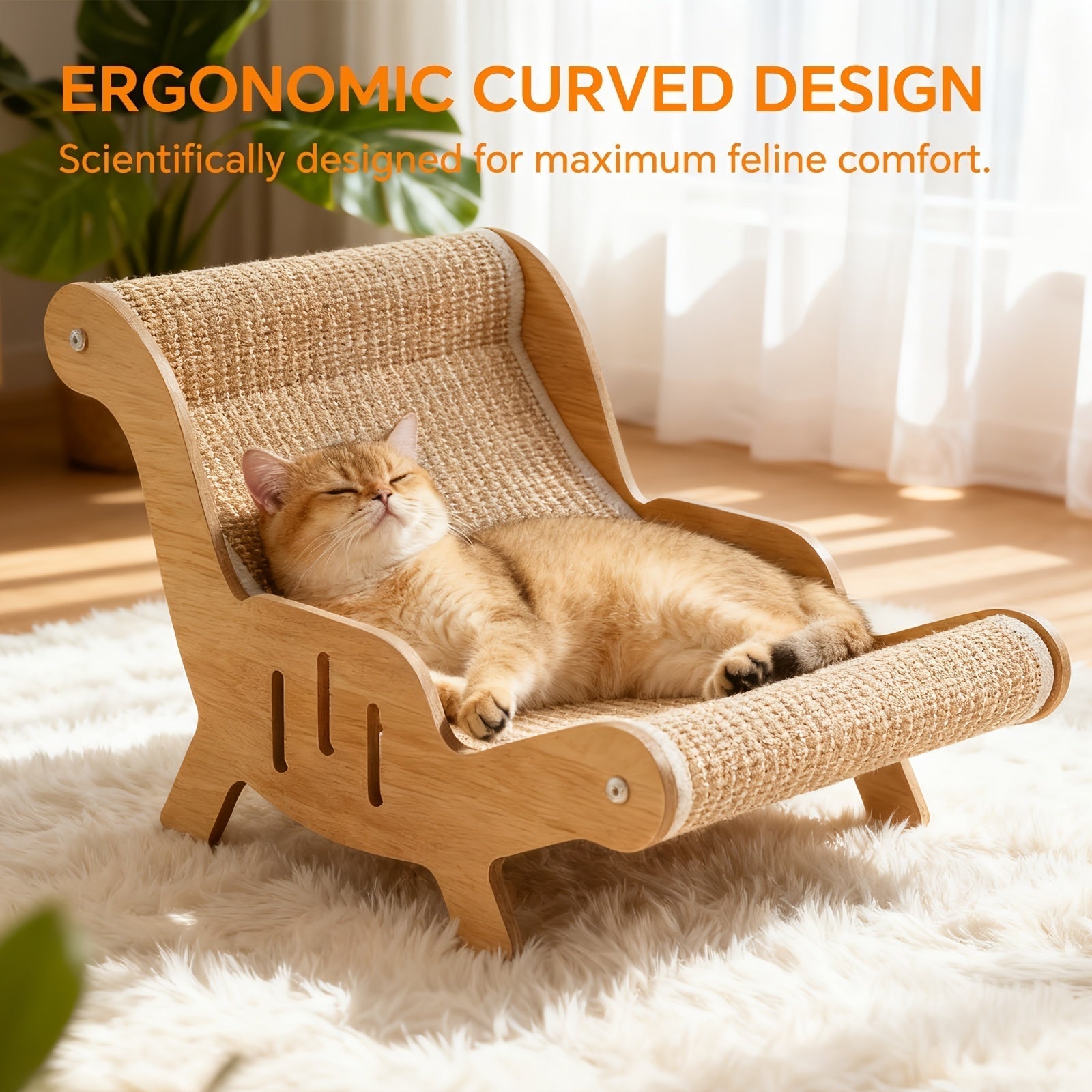 Curved Cat Lounger Chair with Wood Side Frame, Raised Feet and Continuous Beige Woven Sisal Surface